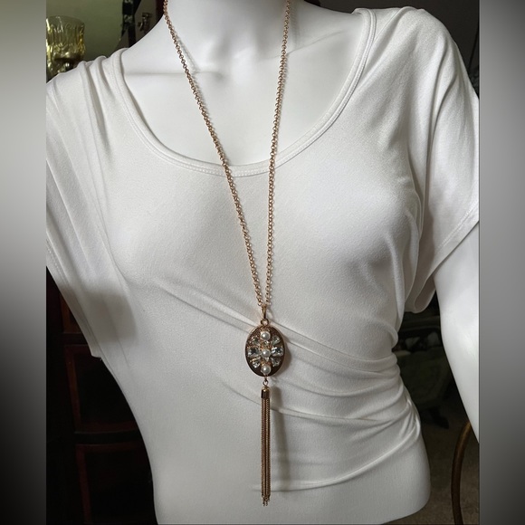Opera Length Rhinestone & Faux Pearl Chain Tassel Pendant Necklace - Picture 5 of 5